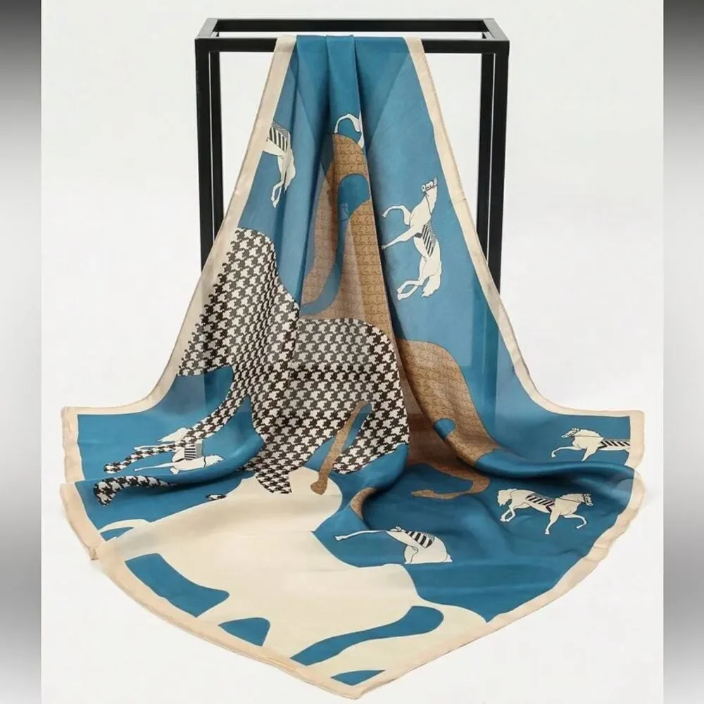 Blue and Cream Horse Print Scarf A1394